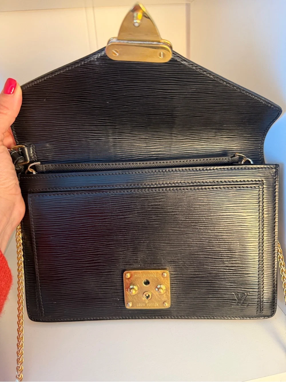 Louis Vuitton Black Epi Leather Clutch with Gold Chain